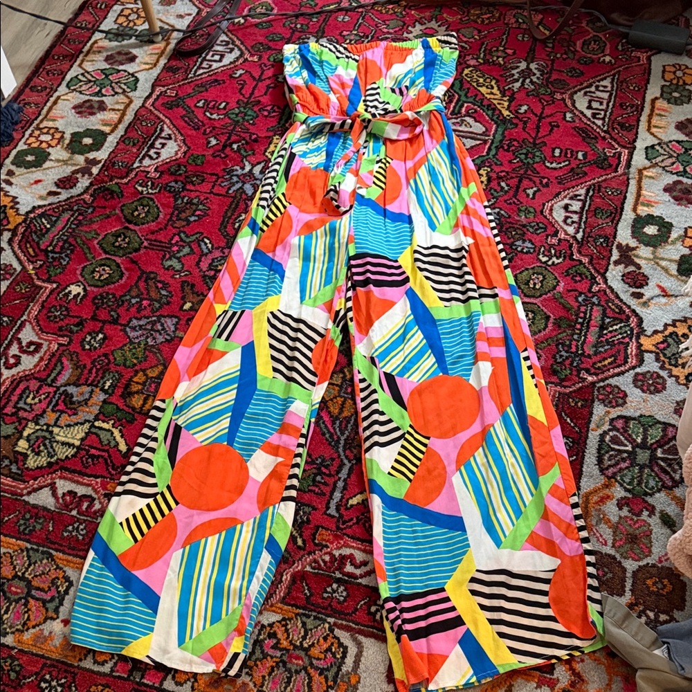 Bold Multicolor Strapless Wide-Leg Jumpsuit with Tie Waist